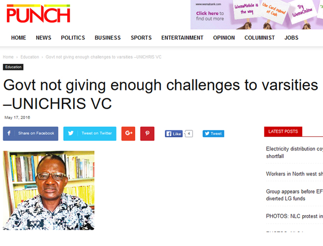 Govt not giving enough challenges to varsities – UNICHRIS VC